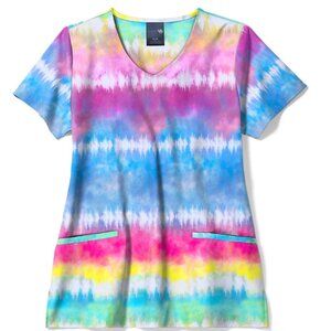 Zoe+Chloe V-Neck Border Print Scrub Top XL NWT TIE DYE  RAINBOW